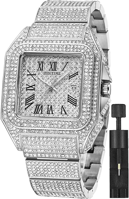 Men's Crystal Watch Bling Bling Watch Rectangle Case Stainless Steel Quartz