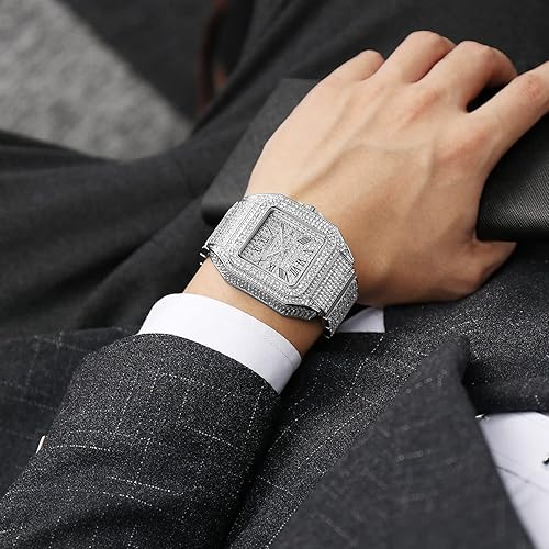 Men's Crystal Watch Bling Bling Watch Rectangle Case Stainless Steel Quartz